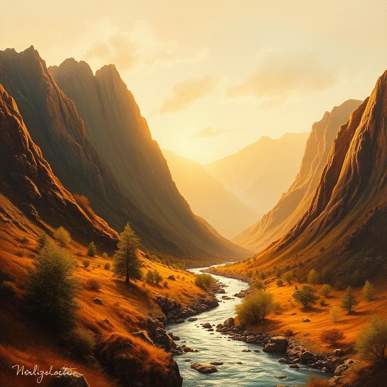 Sunlit Mountain Valley Landscape Oil Painting